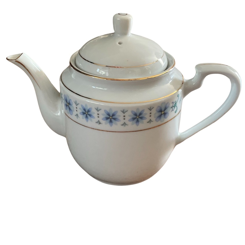 Porcelain Teapot Vintage Chinese Blue and White with Gold Accent 8”w x 6.5”h